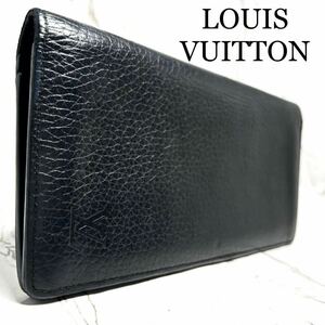 【美品☆小銭入れ付き】ルイヴィトン LOUIS VUITTON トリヨンレザー ポルトフォイユ ブラザ 本革 二つ折り長財布 LVロゴ メンズ 紺ネイビー