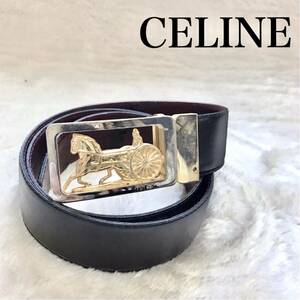 希少 CELINE セリーヌ デカ 馬車 バックル レザー ベルト 金具 黒 メンズ