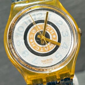 希少 SWATCH スウォッチ AG1991 腕時計 クオーツ アナログ クリアケース イエロー スケルトン レザーベルト シルバー文字盤 ユニセックス