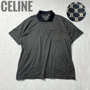 Vintage CELINE セリーヌ トリオンフ マカダム柄 総柄 ポロシャツ コットン ブラック 黒 メンズ L