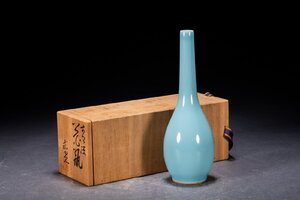 【善古堂】某有名オークション買入 時代物 京焼 森野嘉光作 青磁花瓶 花入 花生 共箱 和風インテリア 骨董品 古美術1125-467S01