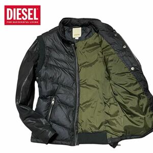 【ダウン90%】DIESEL レザー切替 ダウンジャケット　ブラック XS ディーゼル キルティング ライダース ブルゾン アウター 中綿 袖 牛革 黒