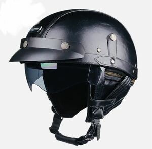 レトロ　ハーフヘルメット 黒合皮レザー　インナー及び頸カバー着脱式　可動式サンシェード　頭位62㎝　Ｌサイズ　ゴーグル付　新品未使用