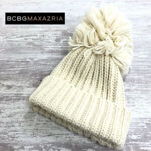 1D2525-J◆BCBGMAXAZRIA ビーシービージーマックスアズリア ポンポン付ウール混ニットキャップ◆オフホワイト ファッション小物 秋冬