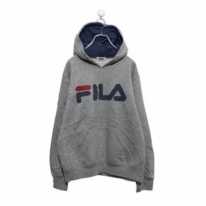 FILA スウェット パーカー ウィメンズ L グレー ネイビー レッド フィラ ロゴ フーディー スポーツ 古着卸 アメリカ仕入 a503-6361