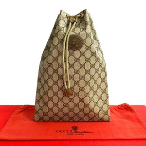 未使用保管品 希少品 GUCCI グッチ オールドグッチ ヴィンテージ GG ロゴ レザー 巾着 ハンドバッグ ポーチ ブラウン 茶 14111