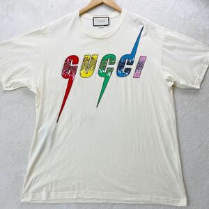 【美品・現行タグ】 GUCCI グッチ メンズ 半袖 Tシャツ トップス カットソー スパンコール ビッグロゴ ブレードロゴ Lサイズ アイボリー