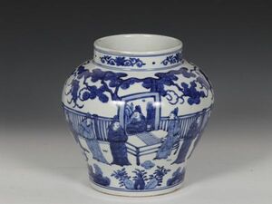 明代 大明嘉靖年製 陶磁器 青花人物図紋罐【仁】染付 置物擺件 古賞物 古美術 中国古玩 蔵出