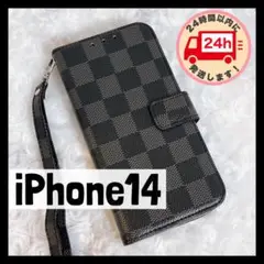 【iPhone14】黒 iPhoneケース チェック柄 手帳型a1