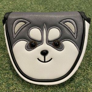 【マレットパター用】ヘッドカバー ゴルフクラブ ハスキー 犬 ドッグ パピー 動物 可愛い PT ホワイト グレー 2ボール ネオマレット タイプ