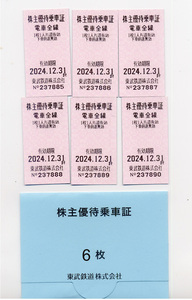 東武鉄道 株主優待乗車証６枚・送料無料