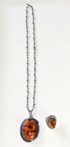 琥珀 アンバー ペンダント・リング2点 ネックレス 指輪 SV925 シルバー silver 刻印有 チョーカー ルース アクセサリー