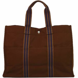 本物 エルメス HERMES フールトゥ GM トートバッグ ハンドバッグ キャンバス ブラウン ネイビー