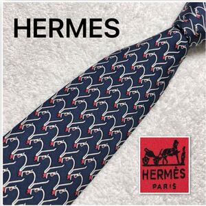 HERMES エルメス　ネクタイ　金具　総柄　シルク100% フランス製　ブルー×レッド・ホワイト　ビジネス