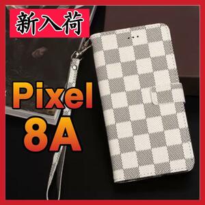 売上No1 Google Pixel 8aケース 手帳型 白色チェック柄 PUレザー 高級感 大人気 グーグルピクセル8aカバー ホワイト 耐衝撃 カード収納