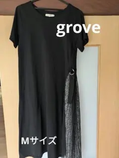 groveグローブTシャツワンピースМ　黒　ブラック　無地　サイド花柄プリーツ夏