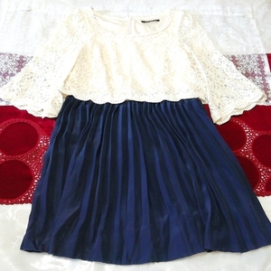 白レース紺シフォンプリーツスカート長袖チュニック ネグリジェ ワンピース White lace navy chiffon pleated skirt tunic negligee dress