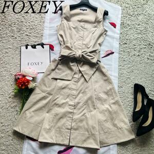 【美品】FOXEY NEW YORK ビックリボンワンピース ベージュ 38 フォクシーニューヨーク M ノースリーブ ベルト フレア 膝丈