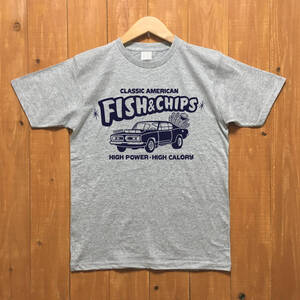 ■ FISH & CHIPS Tシャツ■Sサイズ（グレーxネイビー）アメリカ　アメ車　モパ－　MOPAR　PLYMOUTH BARRACUDA 　ハンバ－ガ－　ポテト