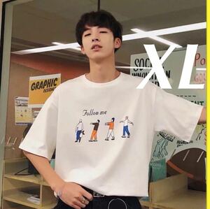 ★大好評 ビッグシルエット プリント Tシャツ ダンス 衣装 通学 白 XL