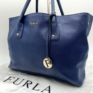 1円〜 美品 ●FURLA フルラ トートバッグ 肩掛け チャーム ロゴ ゴールド 金具 高級 レザー サフィアーノ A4 収納 PC 書類 通勤 メンズ 青