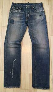 8.5@ 良品「DSQUARED2」微テーパード デザインジーンズ クラッシュ加工 Blue SIZE:44 イタリア製 三崎商事 正規品