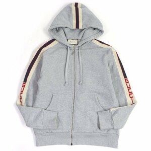 美品□GUCCI グッチ 497250 コットン100％ サイドロゴライン ジップアップ フーディー パーカー グレー S イタリア製 正規品 メンズ