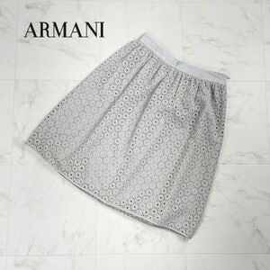 美品 ARMANI COLLEZIONI アルマーニ コレツィオーニ シルク混 総レースフレアスカート 膝丈 裏地あり ライトグレー サイズ40*PC737