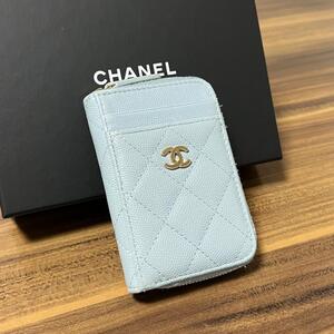 ★美品 31番台★CHANEL シャネル キャビアスキン フラグメントケース コインケース ミニ財布 ココマーク ライトブルー