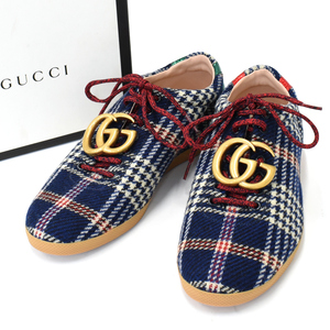 1円 ◆未使用品 GUCCI グッチ スニーカー GGマーモント 7.5 437485 タータンチェック ネイビー◆E.Cips.oR-30