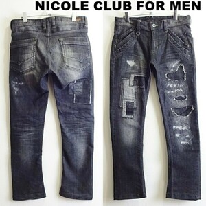 即決★ 送料無★ ニコルクラブフォーメン　パッチワークデニム　W82cm　ストレッチ　シューカット　ブラック　NICOLE CLUB FOR MEN　H476