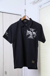 ★FLAGSTAFFフラグスタッフタグ付き刺繍プリント入り半袖ポロシャツ　　新品新古品美品メンズ男性黒ブラックMトップススカルドクロ