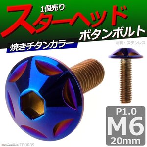 M6×20mm P1.0 ボタンボルト スターヘッド ステンレス 車/バイク/自転車 ドレスアップ パーツ 焼きチタンカラー 1個 TR0039