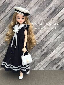 ＊Soran＊ リカちゃん　ピュアニーモ　ハンドメイド　２２cm お洋服セット　セーラーつけ襟　ワンピース　ベレー帽　バッグ