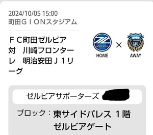 10/5 町田ゼルビア vs 川崎フロンターレ ホームゴール裏(ゼルビアサポーターズ) 大人 自由席 1枚