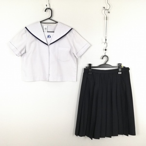 1円 セーラー服 スカート 上下2点セット 夏物 青1本線 女子 学生服 鹿児島第一鹿屋中学 白 制服 中古 ランクC EY9052