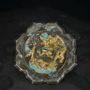 br10696 中国美術 古銅製 鍍金獣文銅鏡 置物 唐鏡 唐物 幅11.9cm 厚1.1cm 重344.3g