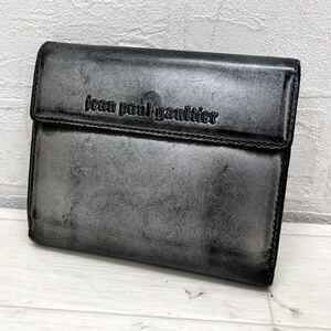 和580★ jean paul gaultier ジャンポールゴルチエ レザー 折り財布 ウォレット ガンメタル シルバー メンズ