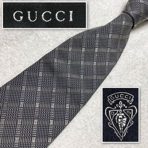 ■良品■GUCCI グッチ　ネクタイ　格子　シルク100% イタリア製　シルバーグレー　ビジネス