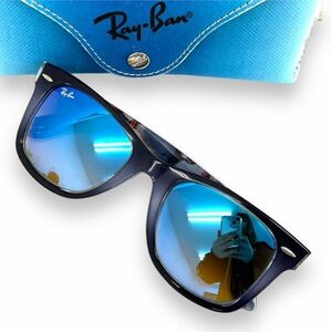 美品 Ray-Ban レイバン サングラス 眼鏡 アイウェア ファッション ウェイファーラー Wayfarer RB2140F ミラー ウェリントン ブルー ケース