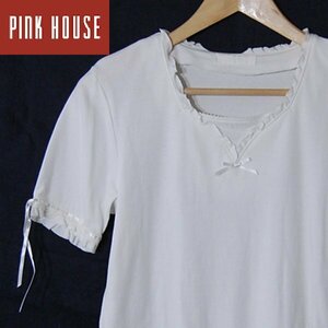 ピンクハウスPINK HOUSE■半袖Tシャツ カットソー トップス リボン フリル レース P015WUAL63■L■ホワイト ※KH4529006