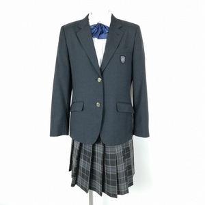 1円 ブレザー チェックスカート リボン 上下4点セット L カンコー 冬物 女子 学生服 神奈川有馬高校 グレー 制服 中古 ランクC EY8423