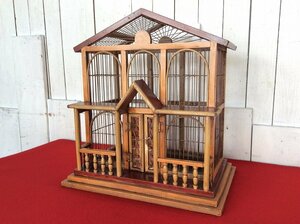 【アンティーク調/レトロな家型の鳥籠/鳥篭/鳥かご/竹籠/バードケージ/バードハウス/H48.5×45.5×30.5cm】竹細工竹ひご