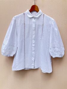 ヨーロッパ古着1980s cotton lace blouse vintage80s 襟付きフロントプリーツ レースブラウス白　ホワイトblouse shirt半袖シャツLV865