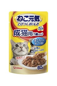 （まとめ買い）ねこ元気 総合栄養食 パウチ 成猫用(１歳から) まぐろ入りかつお 60g キャットフード 〔×60〕