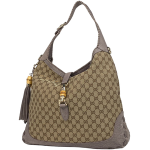 グッチ GUCCI ニュージャッキーライン GG柄 ショルダーバッグ バンブー フリンジ GGキャンバス ベージュ グレー 218491 レディース 中古