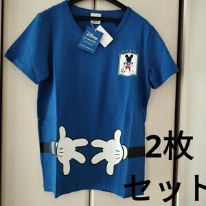 2枚セット　新品タグ付き 【Mサイズ 】 ベルメゾン サッカー応援ディズニーTシャツ ミッキーマウス 青　レディース　半袖Tシャツ 送料無料