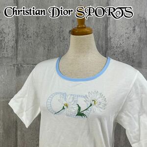 M■ Christian Dior SPORTS クリスチャンディオール スポーツ レディース 半袖 コットンTシャツ 白 ブルーライン Mサイズ 刺繍ロゴ 花