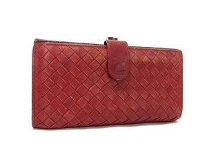 1円 BOTTEGA VENETA ボッテガヴェネタ イントレチャート レザー がま口 二つ折り 長財布 ウォレット 札入れ 小銭入れ レッド系 FK2227