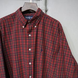 【即決】polo ralph lauren ポロラルフローレン BLAKE ブレイク B.D ボタンダウンシャツ チェック柄 長袖 赤 レッド 古着 L